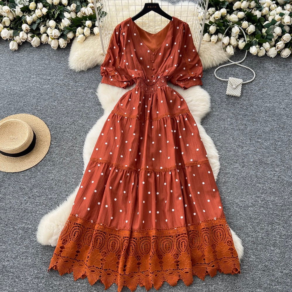 V-neck Polka Dot Lace Dress
