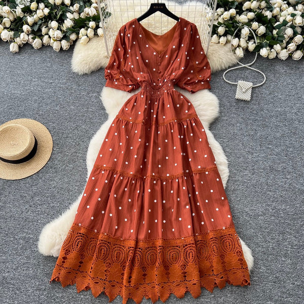 V-neck Polka Dot Lace Dress