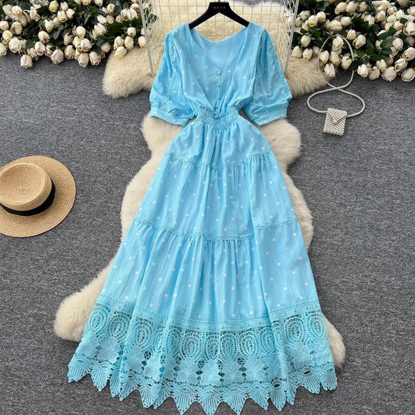 V-neck Polka Dot Lace Dress