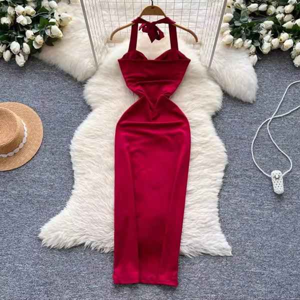 Premium Metal Flower Halter Dress