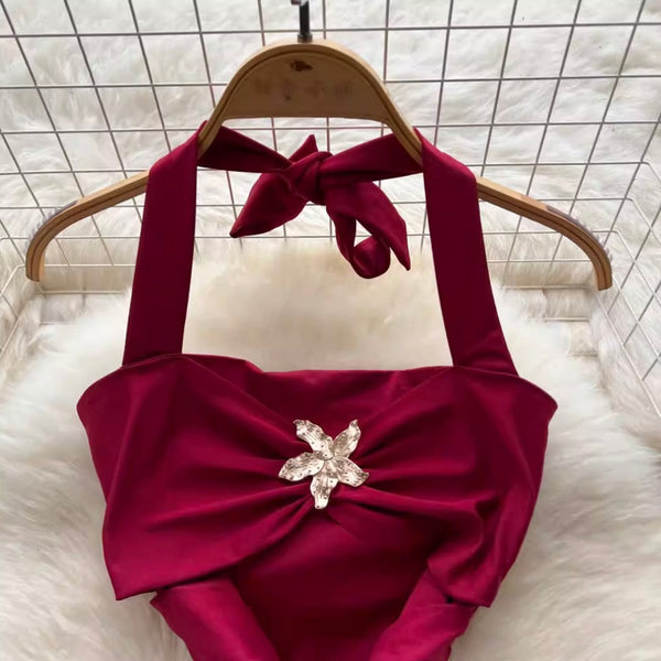 Premium Metal Flower Halter Dress
