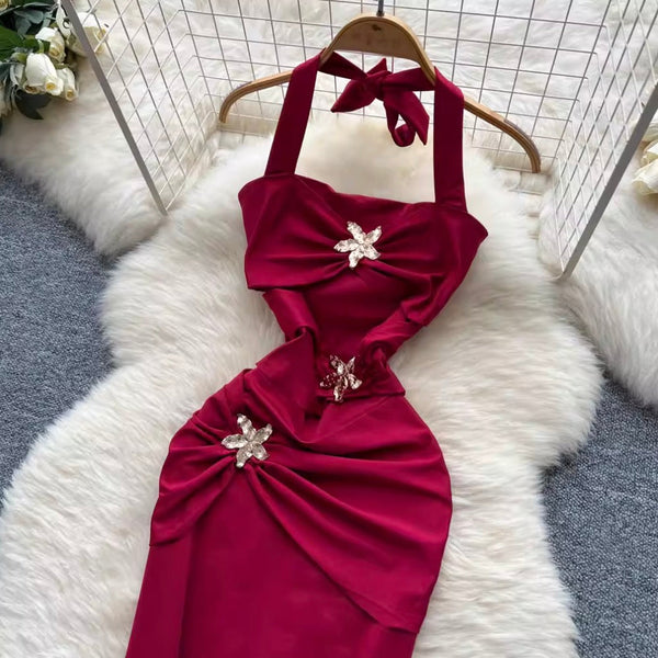 Premium Metal Flower Halter Dress