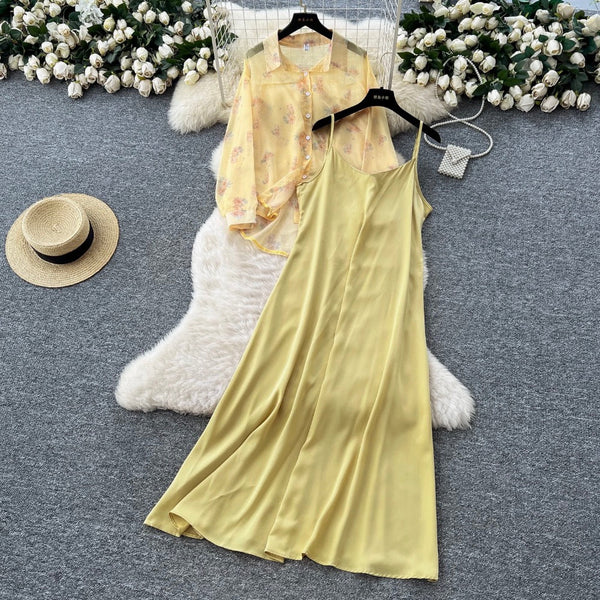 Floral Sunscreen Shirt & Slip Dress 2Pcs