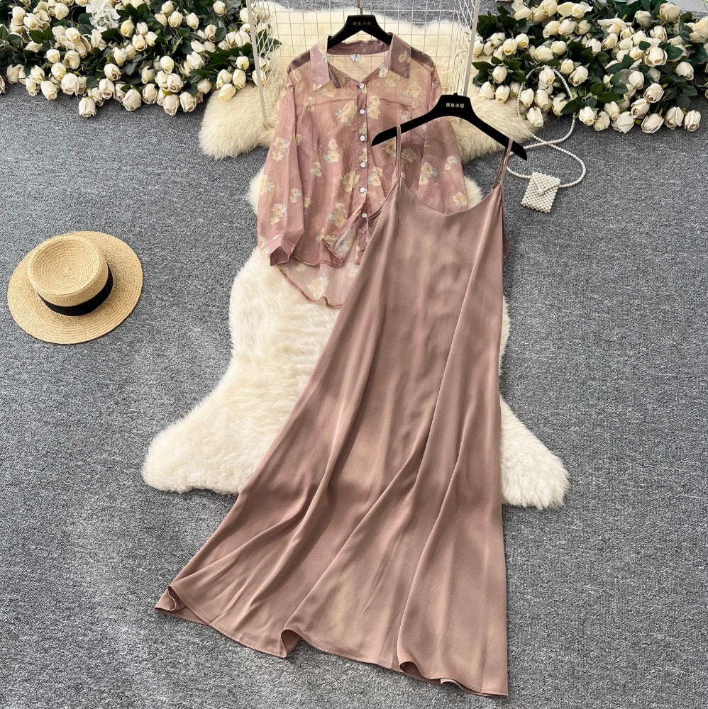 Floral Sunscreen Shirt & Slip Dress 2Pcs