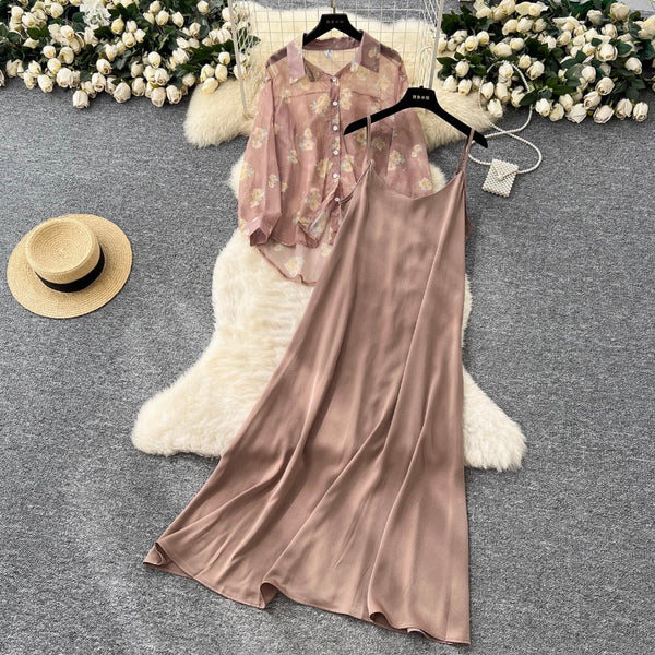Floral Sunscreen Shirt & Slip Dress 2Pcs