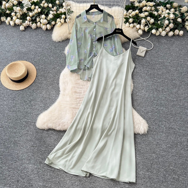 Floral Sunscreen Shirt & Slip Dress 2Pcs