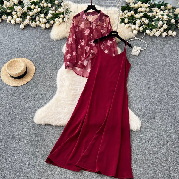 Floral Sunscreen Shirt & Slip Dress 2Pcs