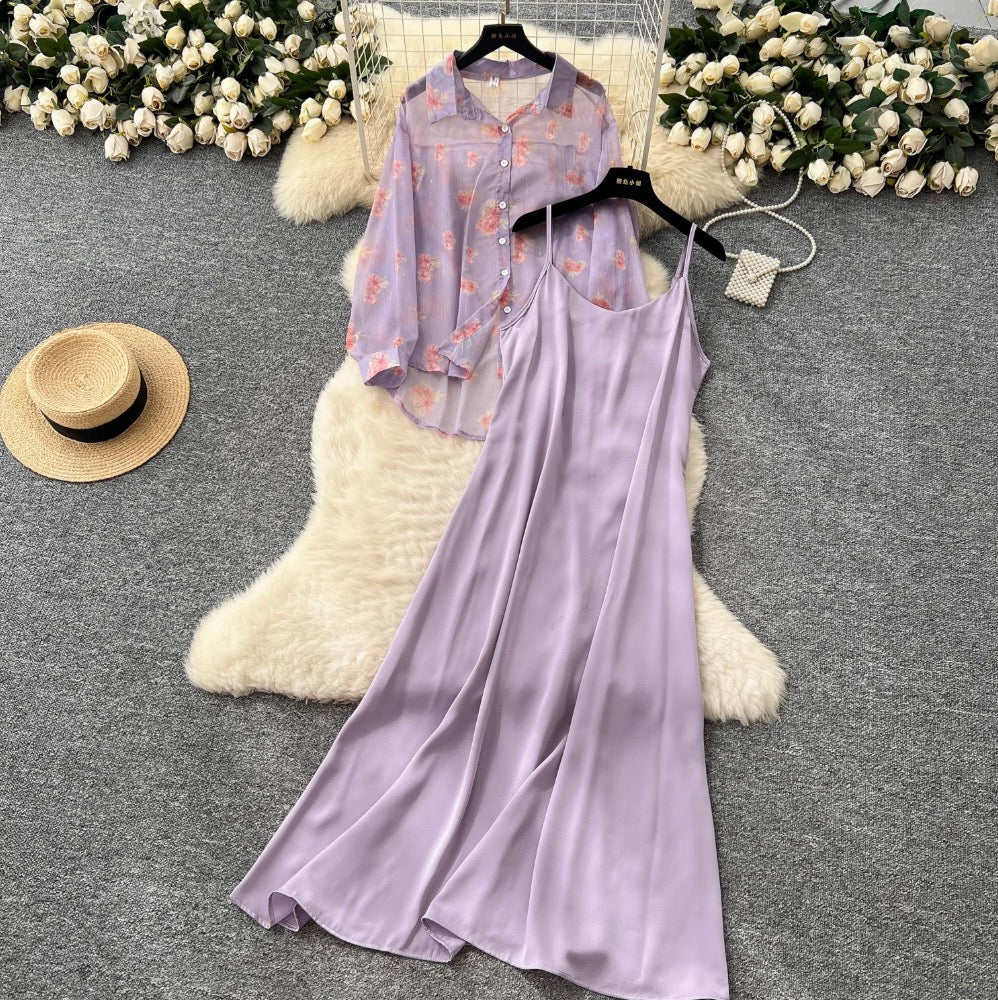 Floral Sunscreen Shirt & Slip Dress 2Pcs