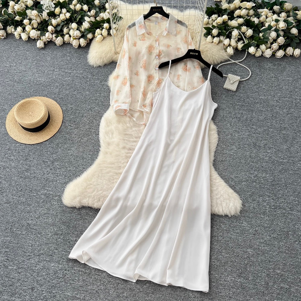Floral Sunscreen Shirt & Slip Dress 2Pcs