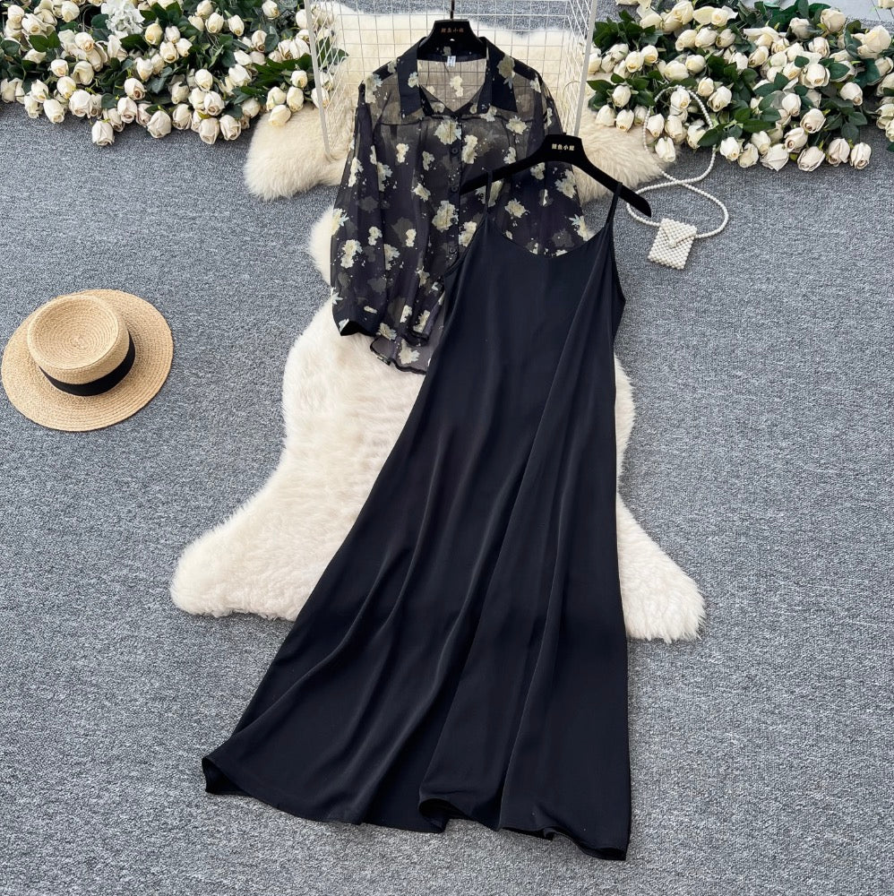 Floral Sunscreen Shirt & Slip Dress 2Pcs