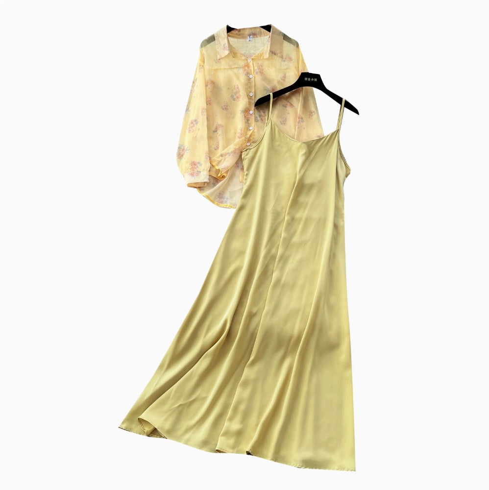 Floral Sunscreen Shirt & Slip Dress 2Pcs