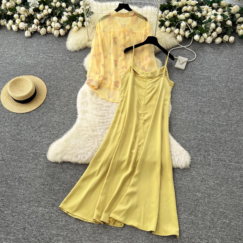 Floral Sunscreen Shirt & Slip Dress 2Pcs