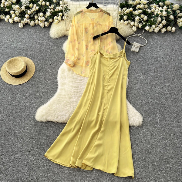 Floral Sunscreen Shirt & Slip Dress 2Pcs