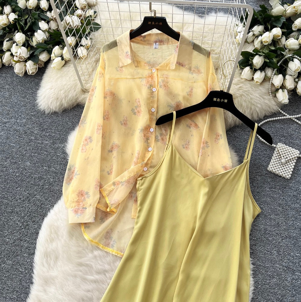 Floral Sunscreen Shirt & Slip Dress 2Pcs