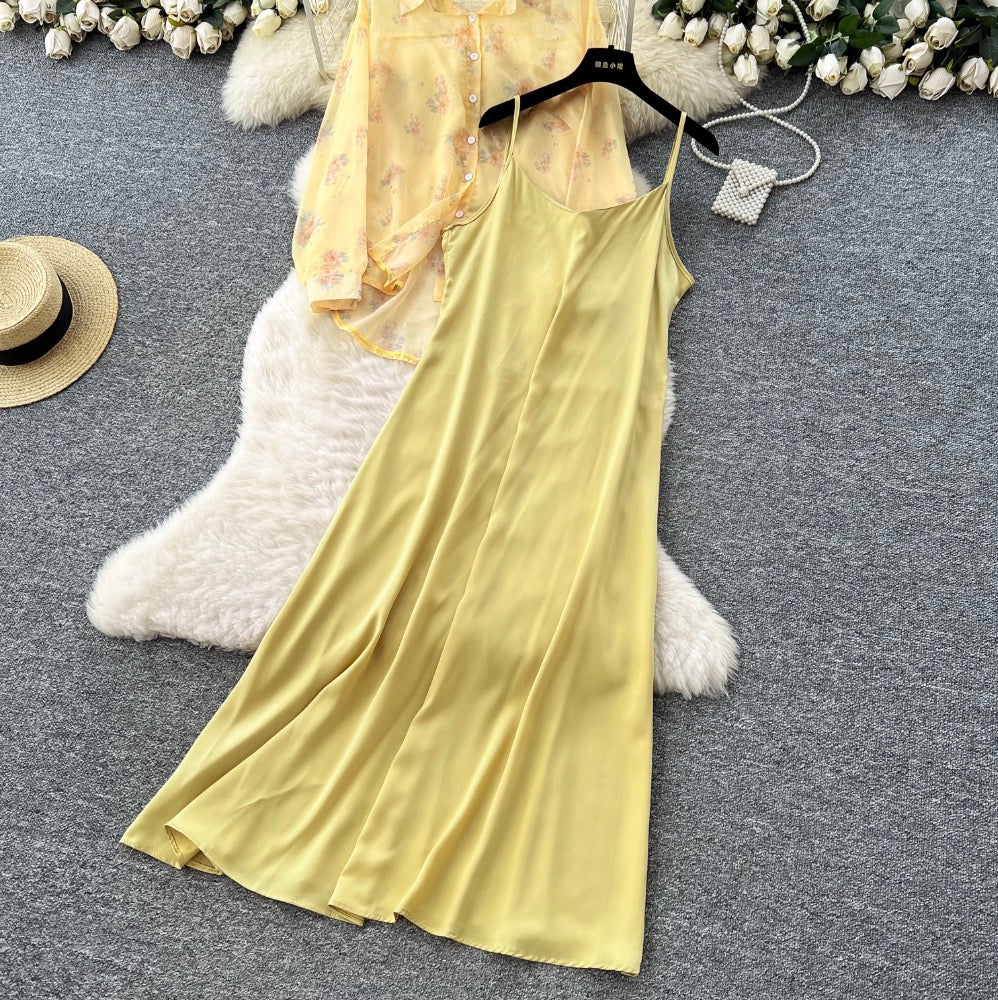 Floral Sunscreen Shirt & Slip Dress 2Pcs