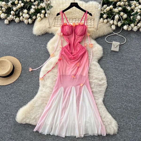 Flower Ribbon Gradient Color Slip Dress