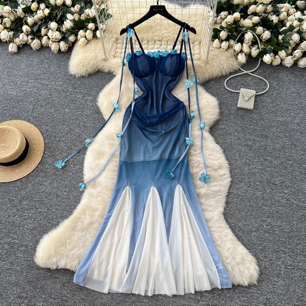 Flower Ribbon Gradient Color Slip Dress
