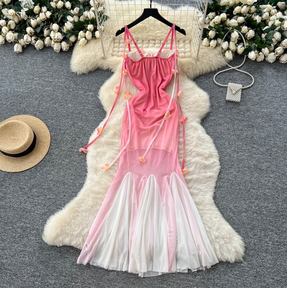 Flower Ribbon Gradient Color Slip Dress