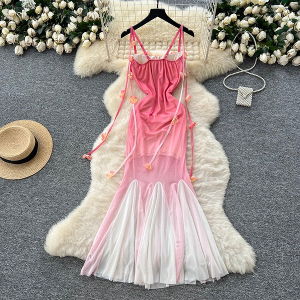Flower Ribbon Gradient Color Slip Dress