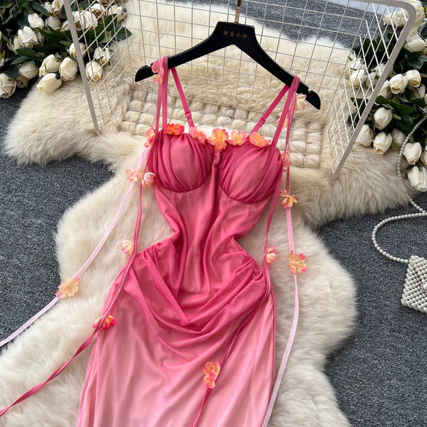 Flower Ribbon Gradient Color Slip Dress
