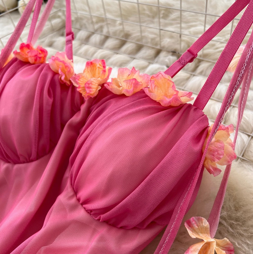 Flower Ribbon Gradient Color Slip Dress