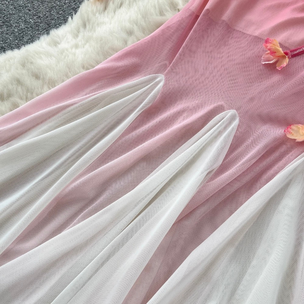 Flower Ribbon Gradient Color Slip Dress