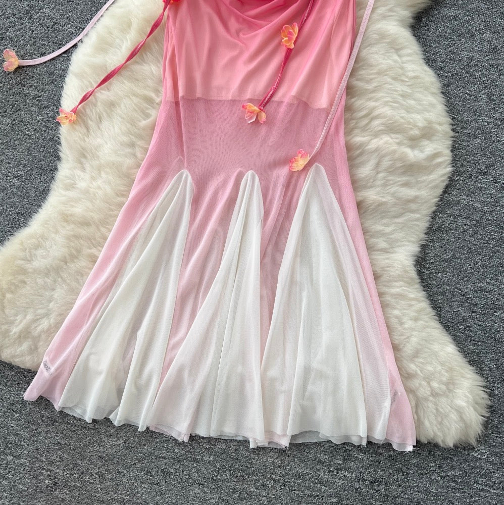 Flower Ribbon Gradient Color Slip Dress