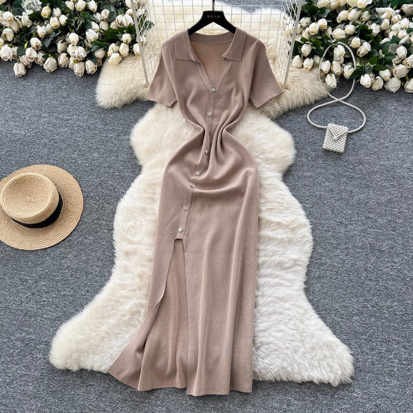 Vintage Polo Collar Slim-fit Knit Dress