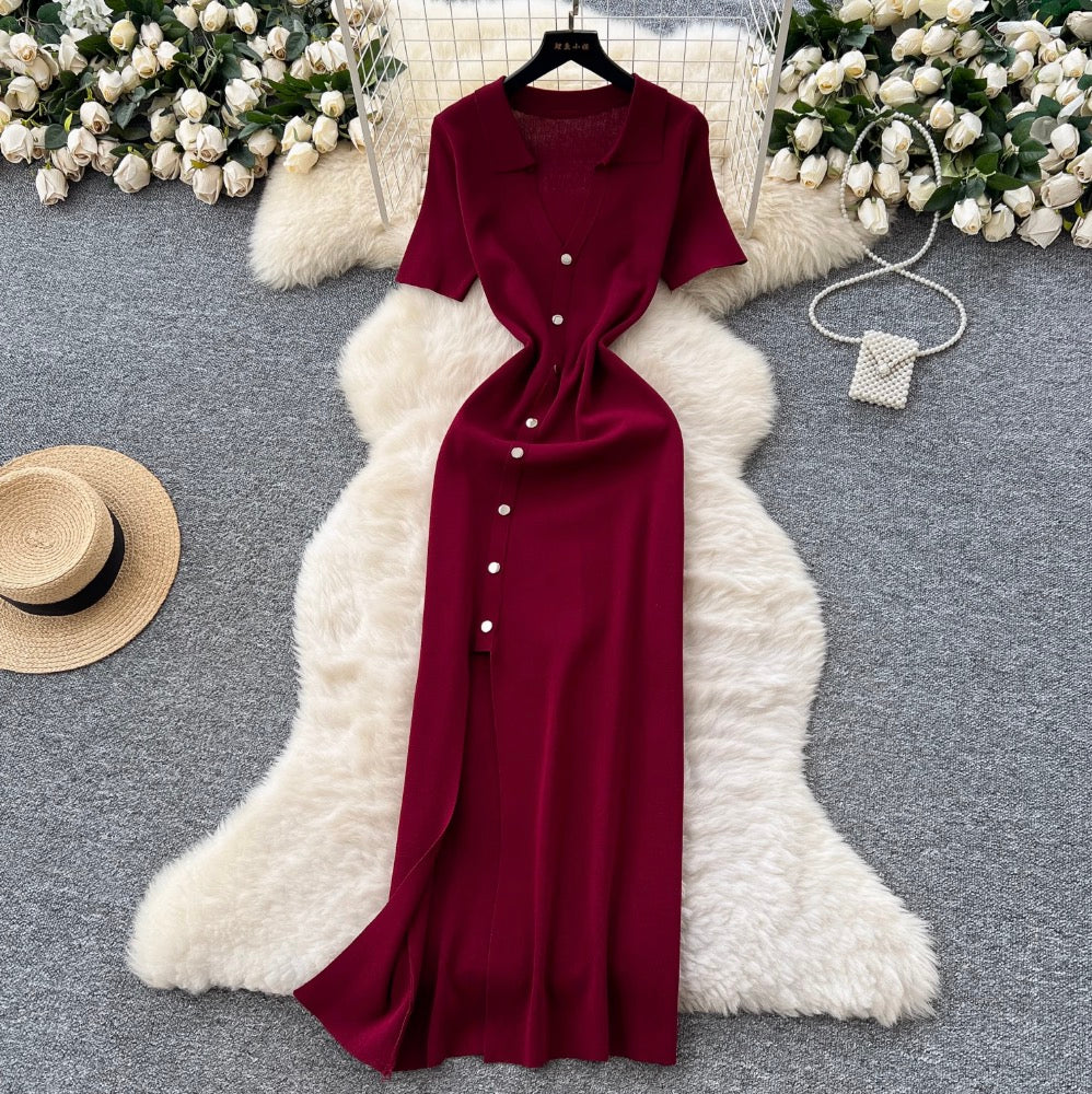 Vintage Polo Collar Slim-fit Knit Dress