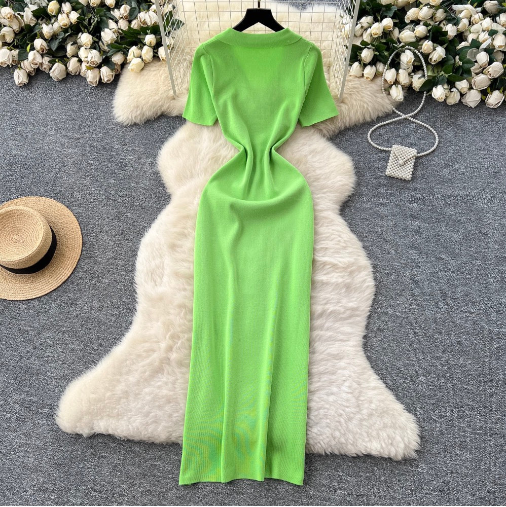 Vintage Polo Collar Slim-fit Knit Dress