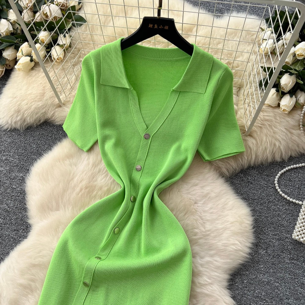 Vintage Polo Collar Slim-fit Knit Dress