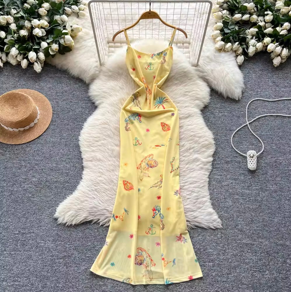 Sexy Bodycon Printed Yellow Slip Dress