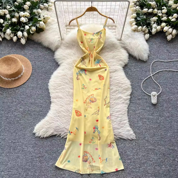 Sexy Bodycon Printed Yellow Slip Dress