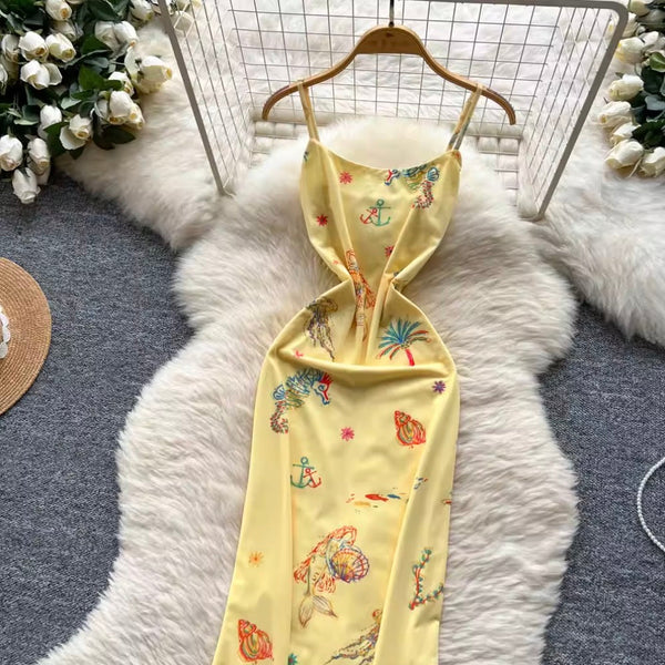 Sexy Bodycon Printed Yellow Slip Dress