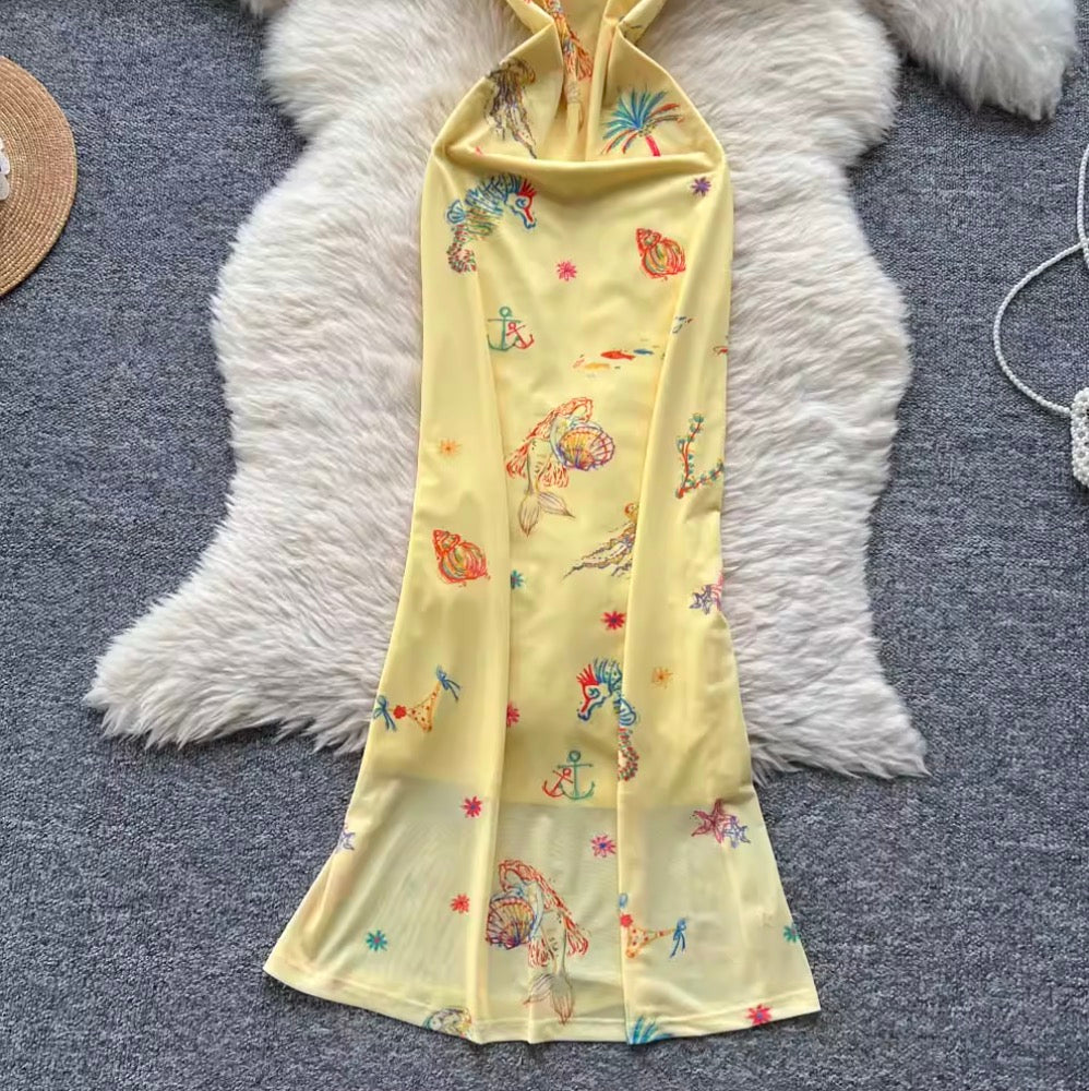 Sexy Bodycon Printed Yellow Slip Dress