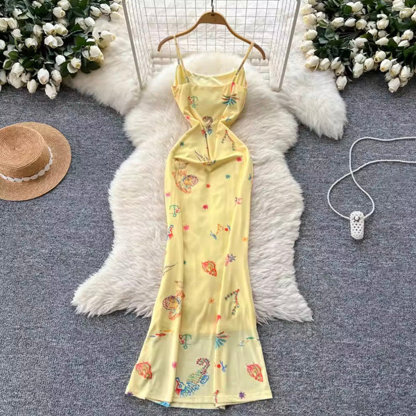 Sexy Bodycon Printed Yellow Slip Dress