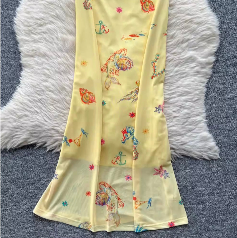 Sexy Bodycon Printed Yellow Slip Dress