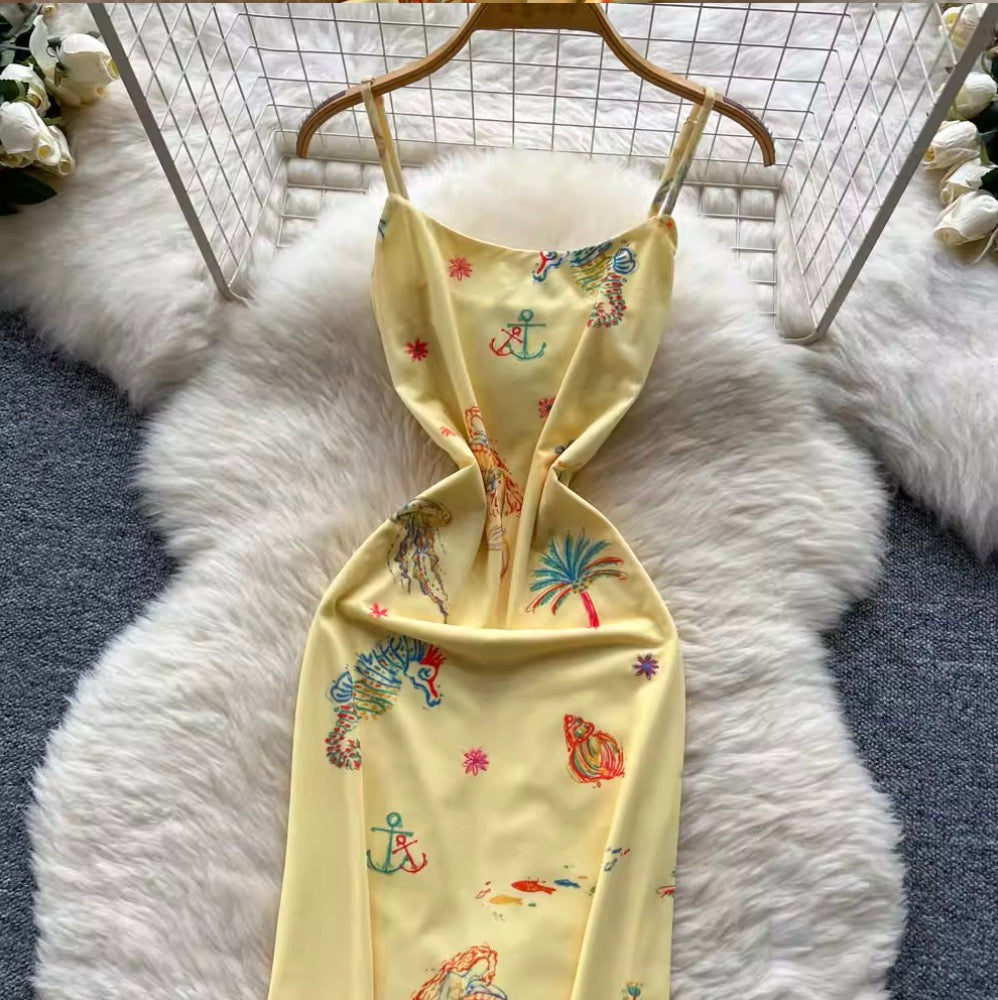 Sexy Bodycon Printed Yellow Slip Dress