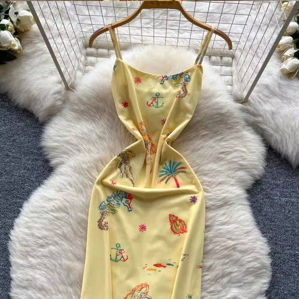 Sexy Bodycon Printed Yellow Slip Dress