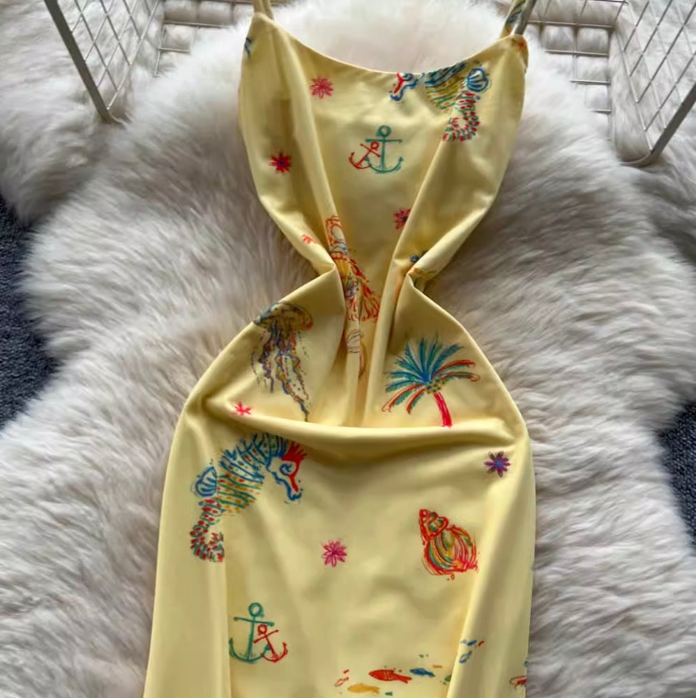 Sexy Bodycon Printed Yellow Slip Dress