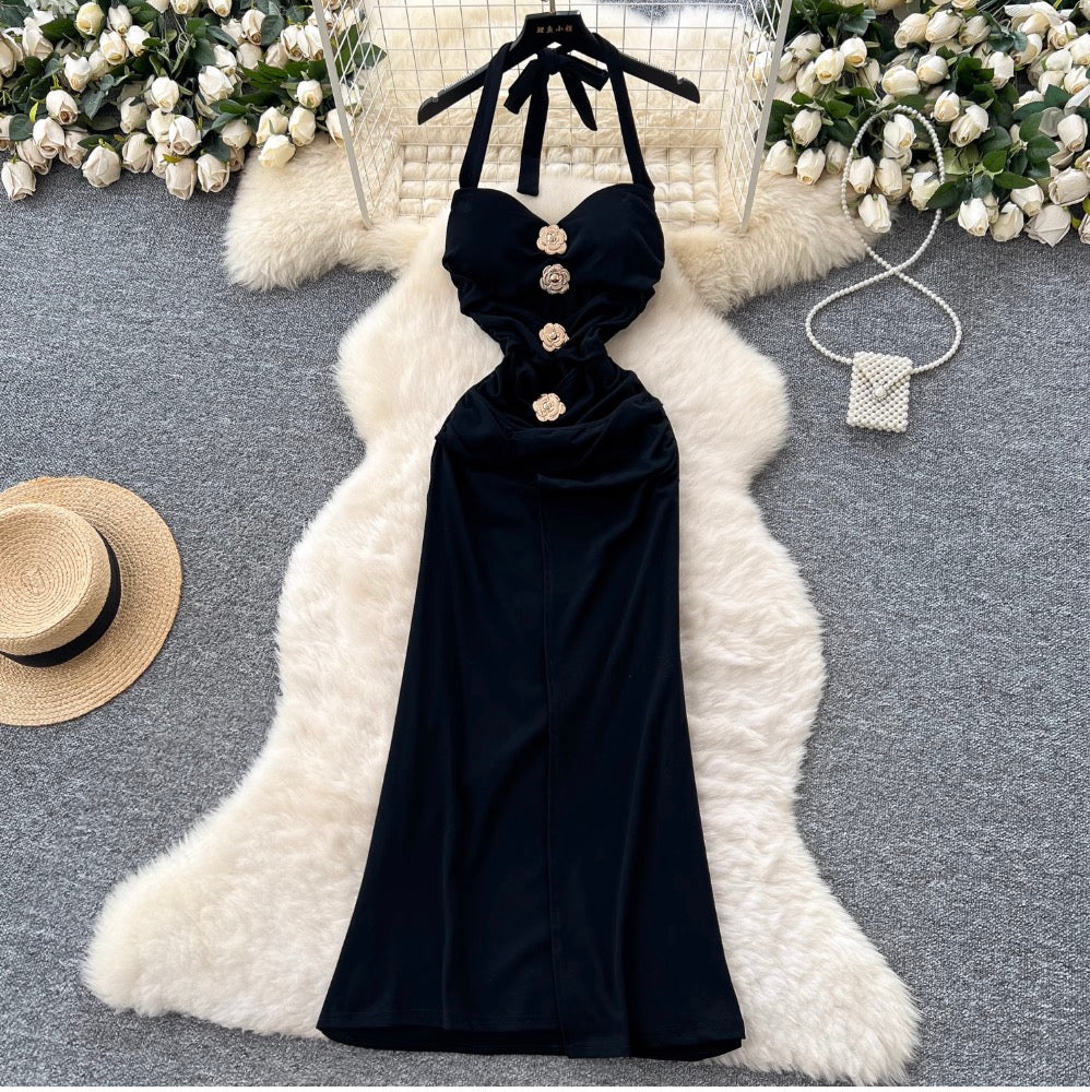 Metal Flower Black Halter Dress