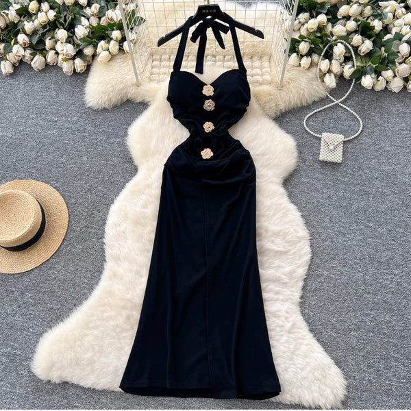 Metal Flower Black Halter Dress