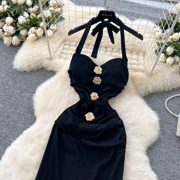Metal Flower Black Halter Dress