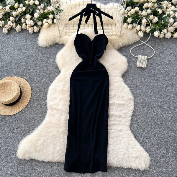 Metal Flower Black Halter Dress