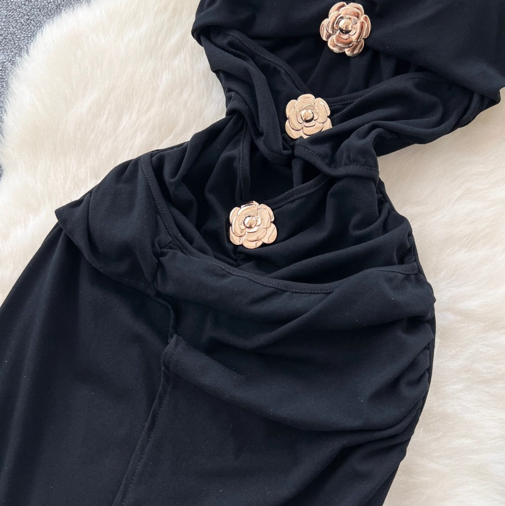 Metal Flower Black Halter Dress