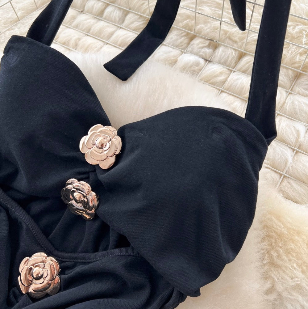 Metal Flower Black Halter Dress