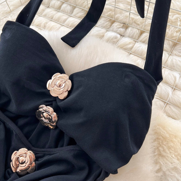 Metal Flower Black Halter Dress