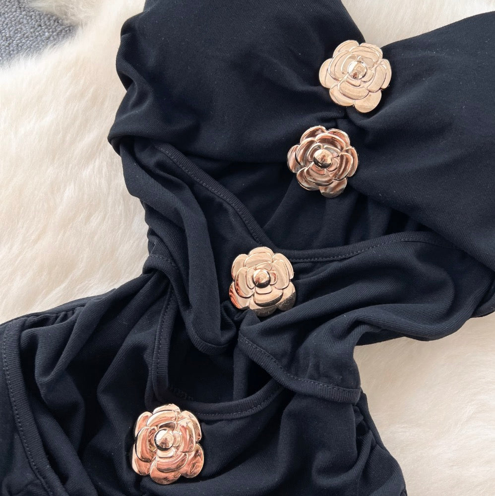 Metal Flower Black Halter Dress