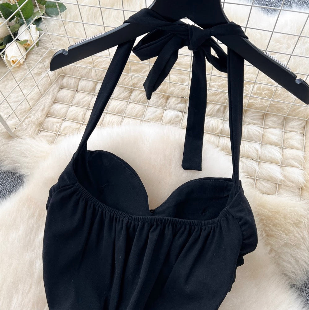 Metal Flower Black Halter Dress