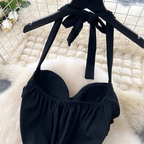 Metal Flower Black Halter Dress